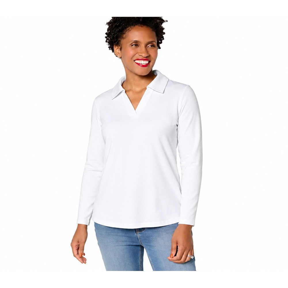 Denim & Co. Essentials Perfect Jersey Collared Long Sleeve Top white Large